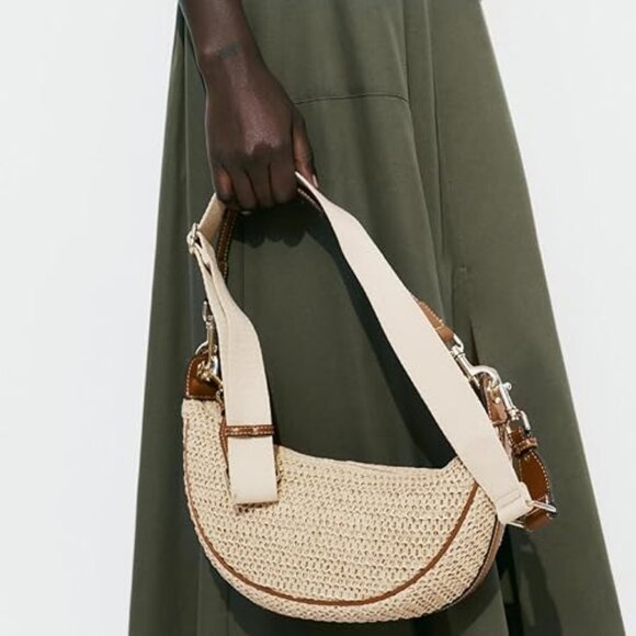 Neiman Marcus Straw Crescent Crossbody Bag - Picture 1 of 3